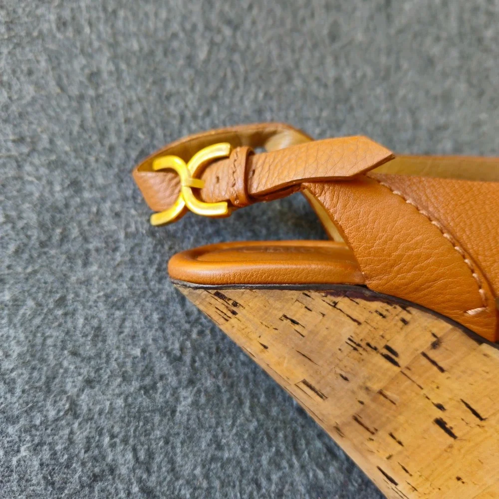 CHLOE Renna Cork Wedge Sandals 38 Act 36 Cognac Leather Strappy Platform CH16066
